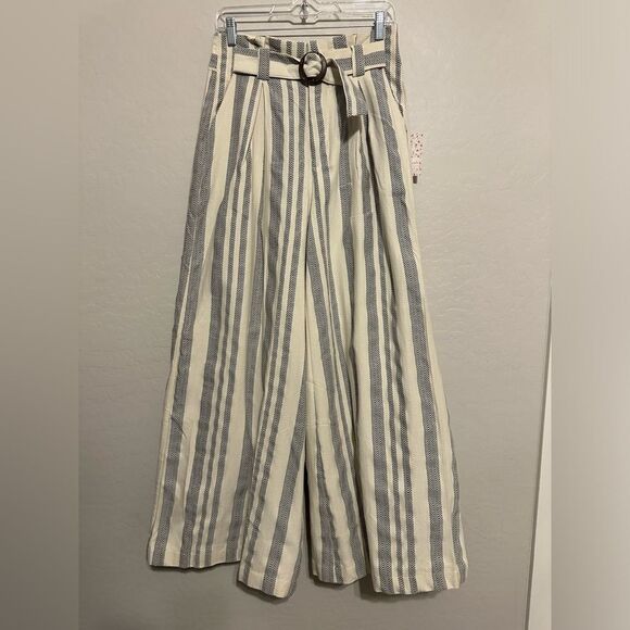 Free People Hi Tyed Wide‎ Leg Pants White/Ivory Textured Stripe 6 Revolve Brand - Picture 2 of 11